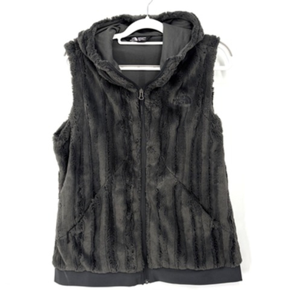THE NORTH FACE Furlander Vest Large Gray Hooded SOFT TNF Fuzzy Faux Fur